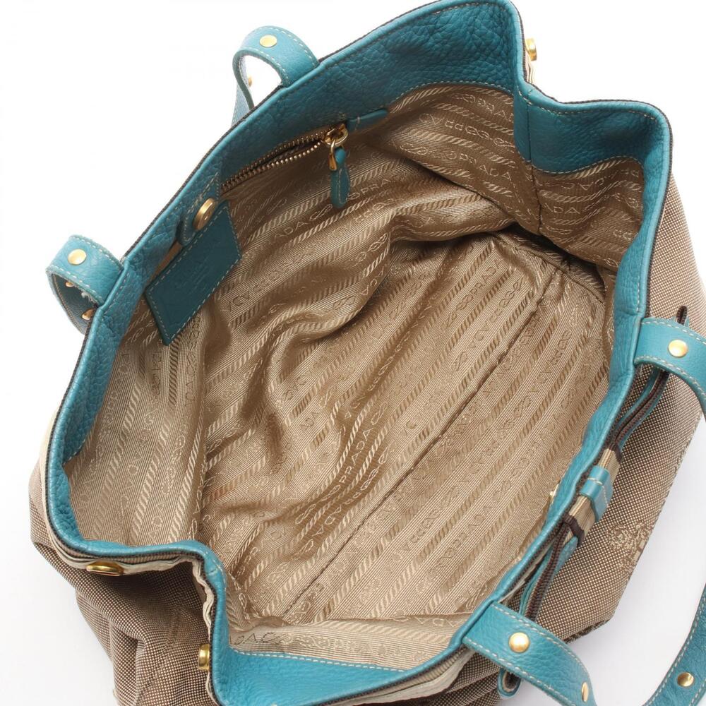 Prada Tote Canvas Bag Beige White Tan Leather Green Jacquard Logo - Picture 3 of 5